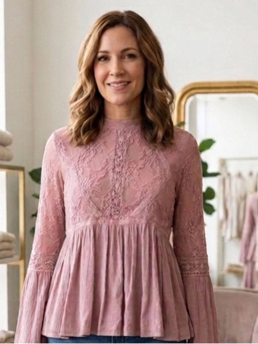 American Eagle Outfitters Dusty Rose Lace Peasant Blouse Med